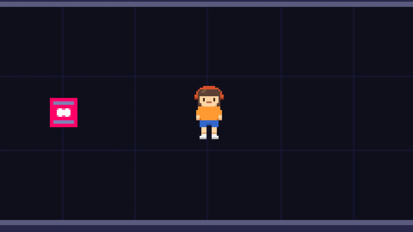 Lo sprite in pixel art di luglio 2026 ingrandito: Debh con le cuffie rosse, la maglietta arancione e i pantaloncini blu, accanto a un nemico rosa