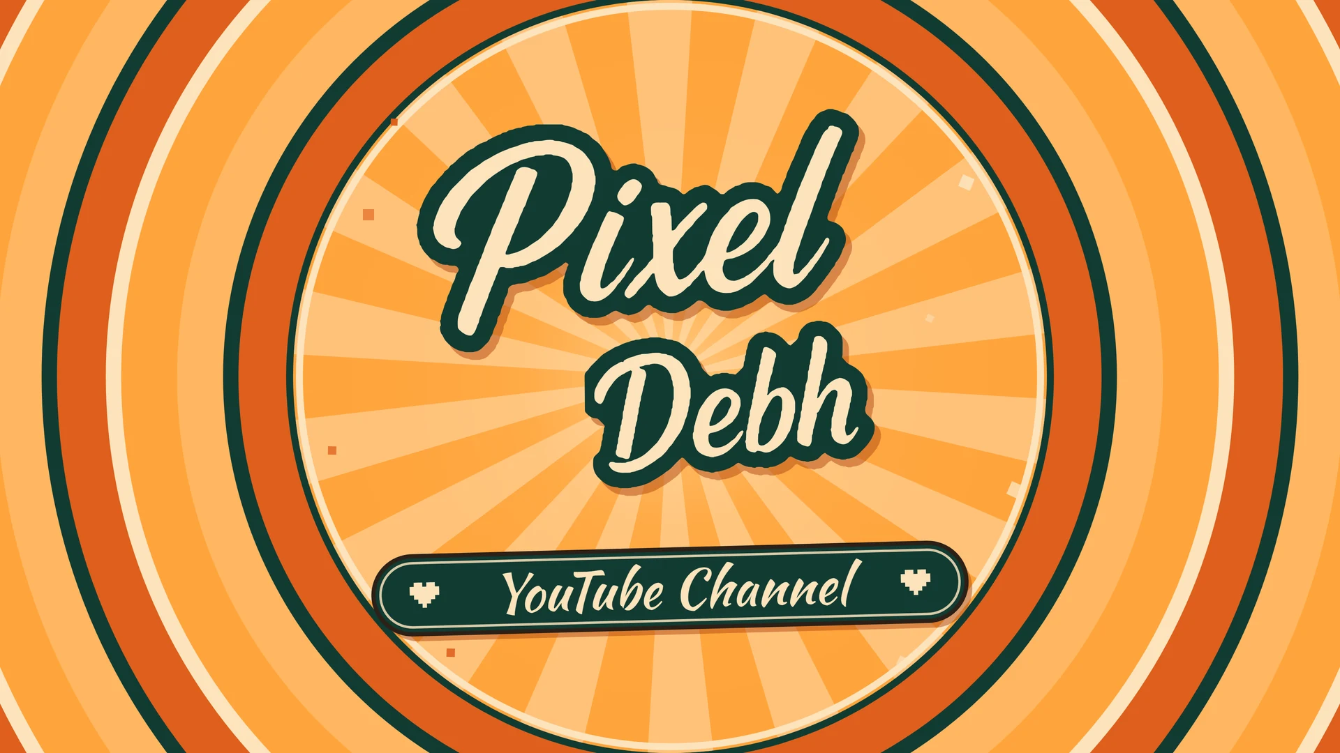 Il titolo dell’intro animata del canale: la scritta Pixel Debh in corsivo crema su raggi arancioni, con la fascia YouTube Channel