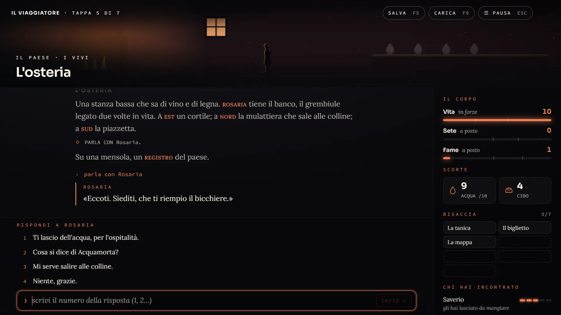 Lo stesso dialogo nel modo avventura testuale: le quattro risposte sono righe numerate e in fondo c’è la riga per scrivere il numero della risposta.
