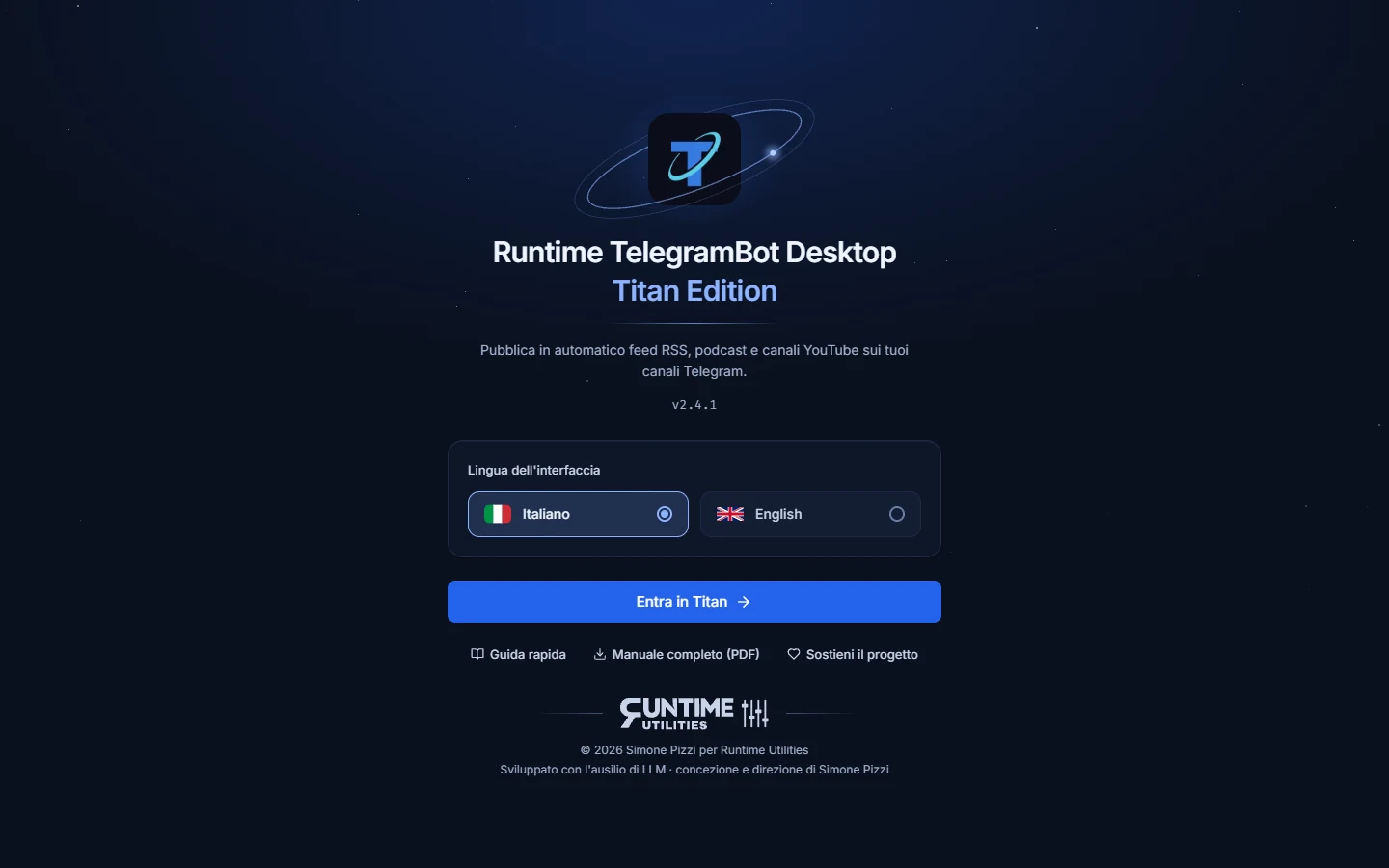 La schermata d’ingresso di Titan 2.4.1: il logo con l’orbita, il titolo Runtime TelegramBot Desktop Titan Edition, la scelta della lingua, il pulsante Entra in Titan e il marchio Runtime Utilities