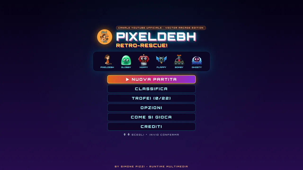 La schermata del titolo del gioco finito: il logo PixelDebh Retro-Rescue, i sei personaggi in fila e il menu con Nuova partita, Classifica, Trofei, Opzioni