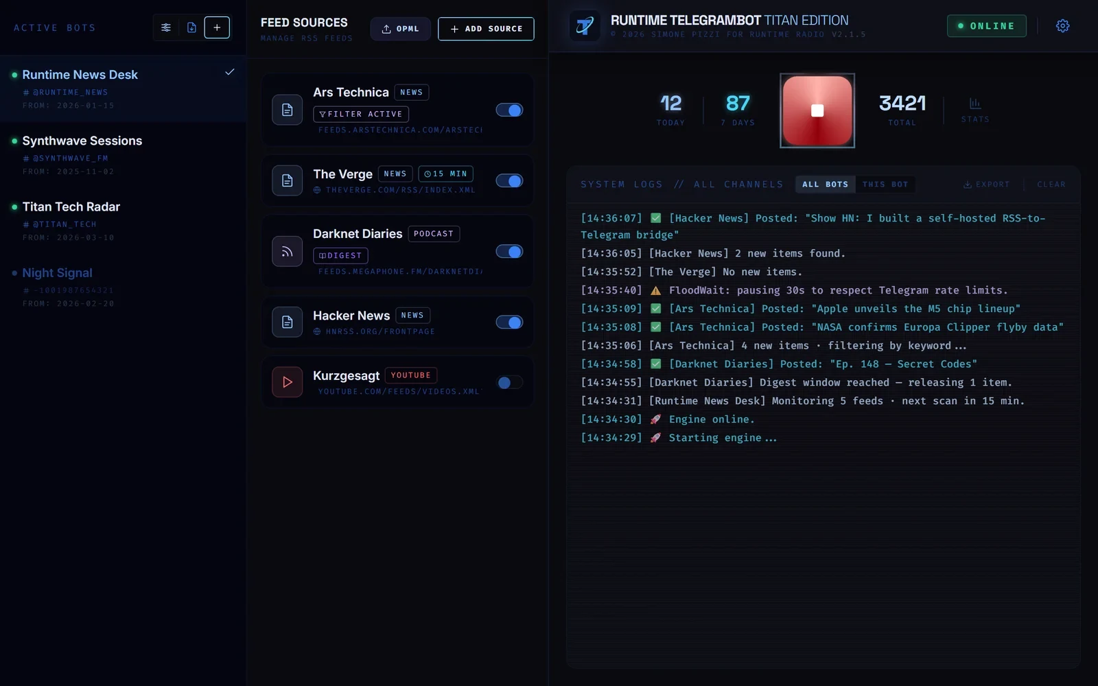 La plancia di Titan nella versione 2.1.5, in inglese: i bot a sinistra, le sorgenti al centro, il grande pulsante rosso del motore e la console dei log a destra