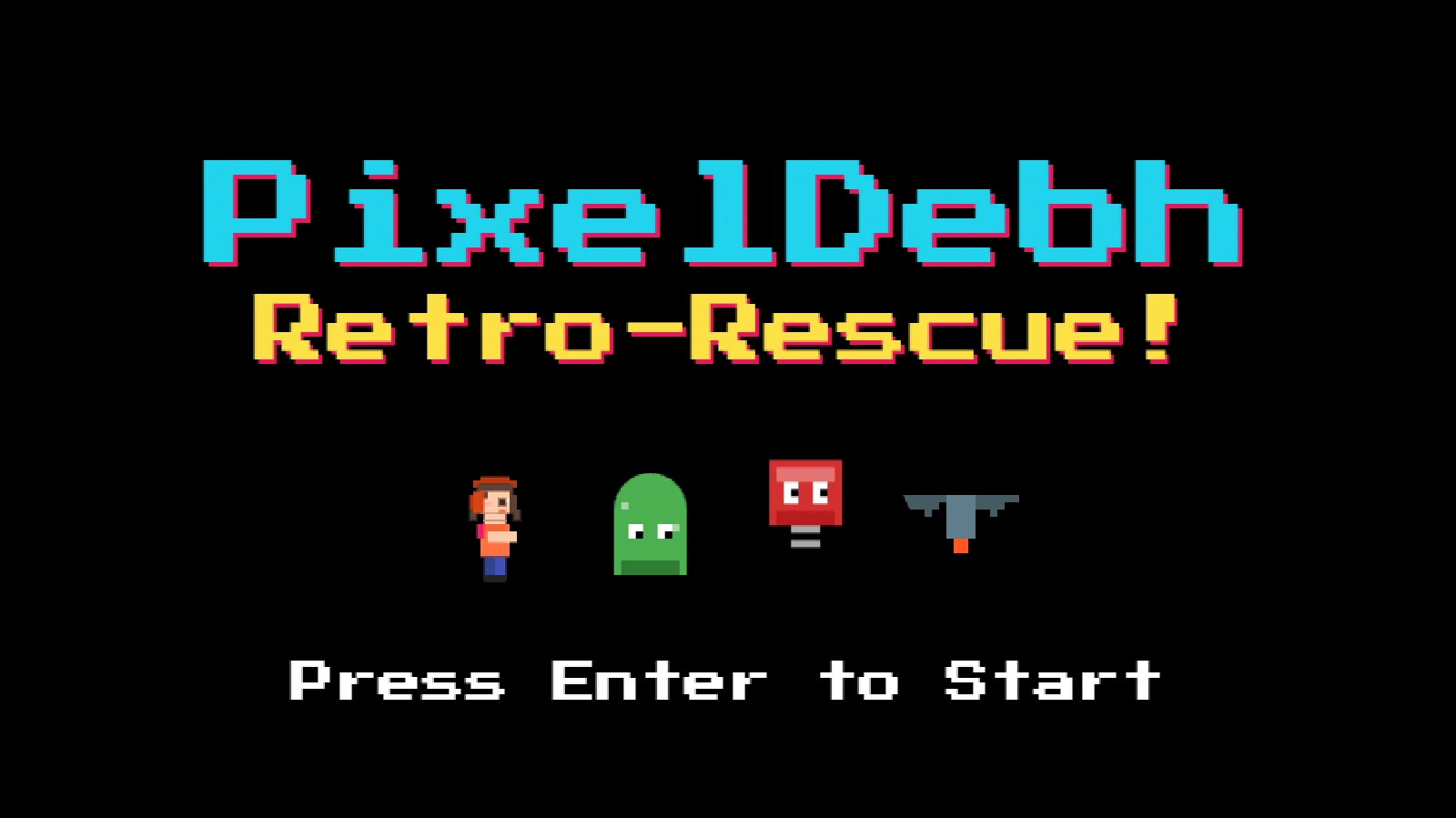 La schermata del titolo in pixel art con la parata dei personaggi: Debh, Globby, Hoppy e Flappy, e la scritta Press Enter to Start