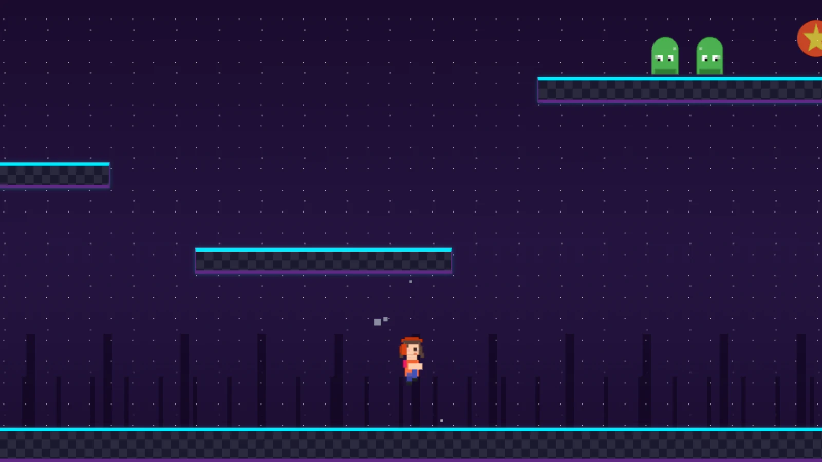 Un tratto del livello 1 in pixel art: piattaforme sottili con il bordo azzurro, due Globby verdi e Debh che salta