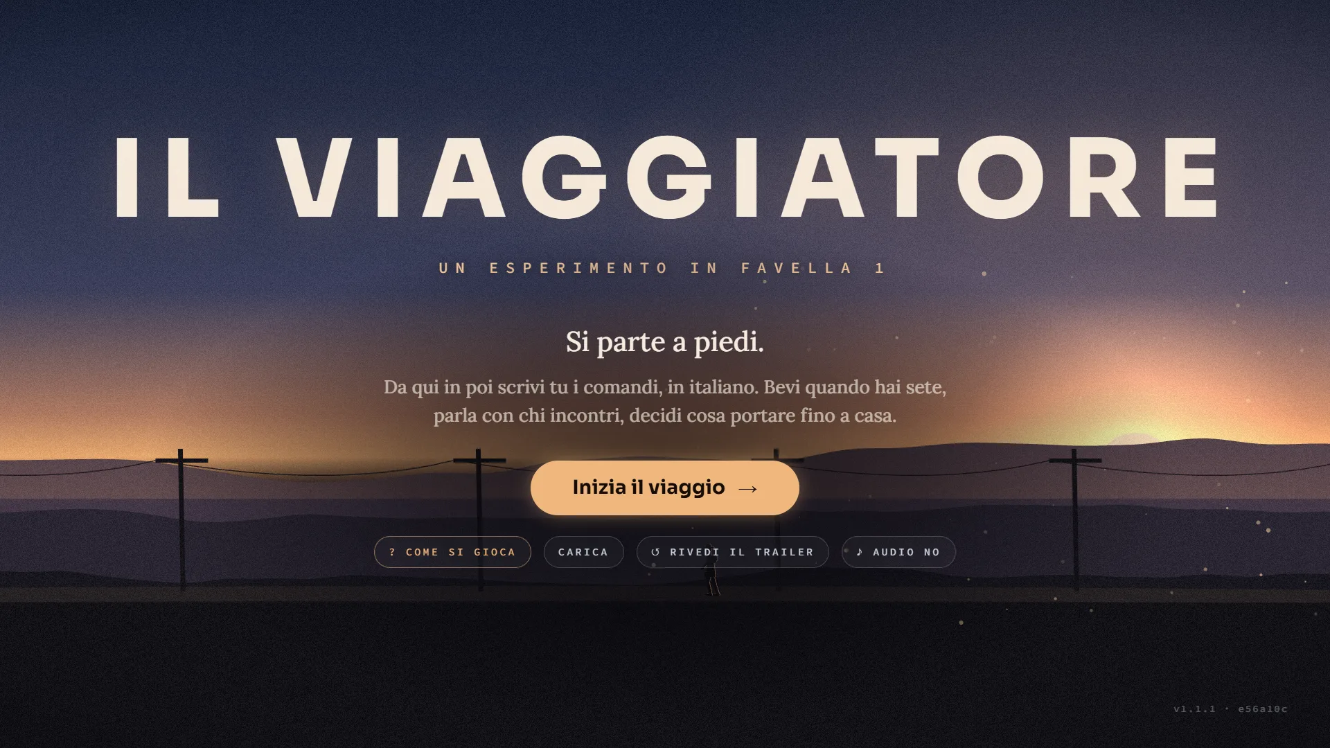 Il titolo IL VIAGGIATORE sopra un orizzonte al tramonto, con il pulsante Inizia il viaggio