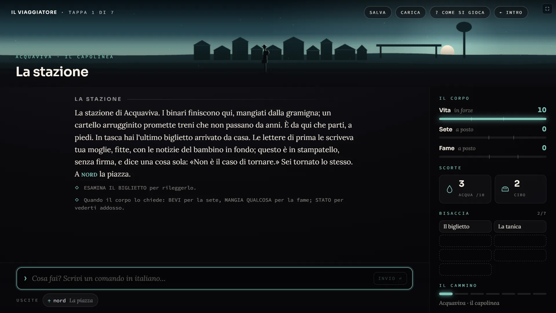 La stazione di Acquaviva nella versione di settembre: il panorama azzurro del capolinea, il testo del luogo, il corpo e la bisaccia a destra e in fondo la riga «Cosa fai? Scrivi un comando in italiano».