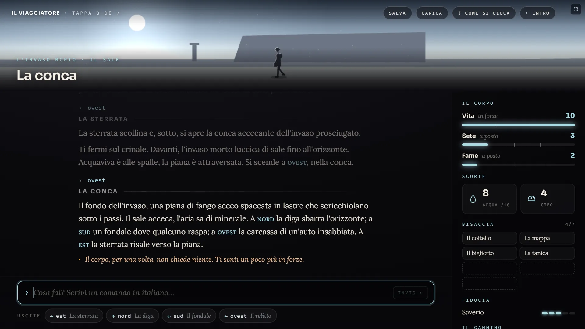 La conca dell’invaso prosciugato, con il panorama grigio e la diga sullo sfondo