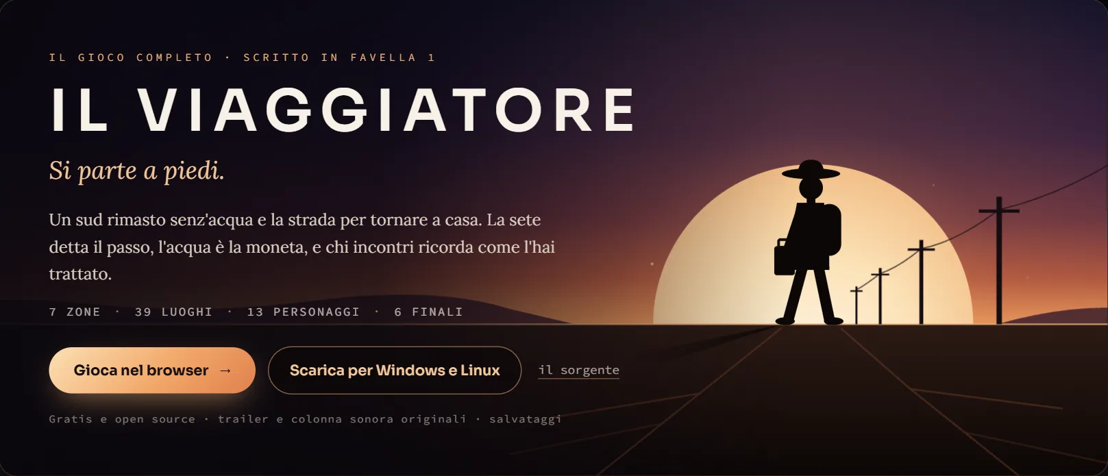 Il banner di Il Viaggiatore nella galleria di favella.eu, col viandante in controluce davanti al sole