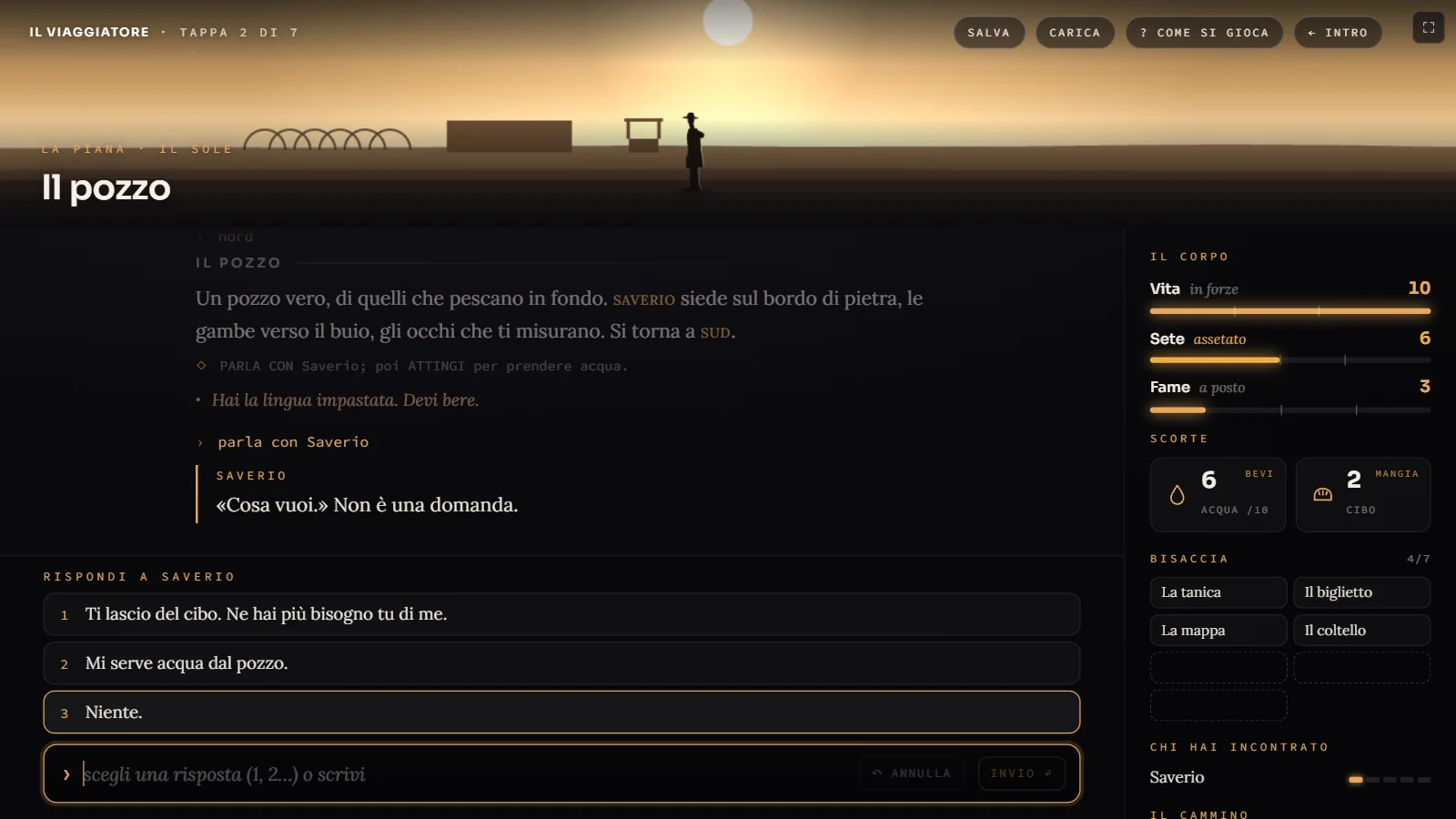Il dialogo con Saverio al pozzo, con tre risposte numerate da scegliere