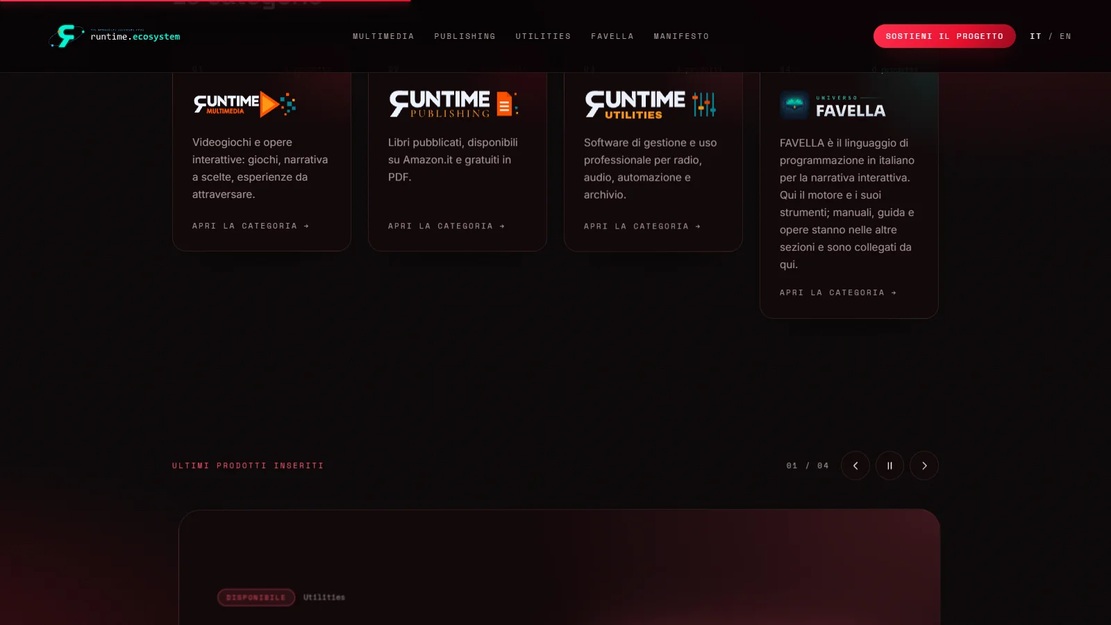 Le quattro categorie del catalogo Ecosystem: Multimedia, Publishing, Utilities e Favella, ciascuna con la sua descrizione