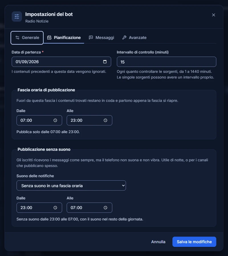 La scheda Pianificazione delle impostazioni del bot: data di partenza, intervallo di controllo, fascia oraria di pubblicazione e pubblicazione senza suono dalle 23:00 alle 07:00