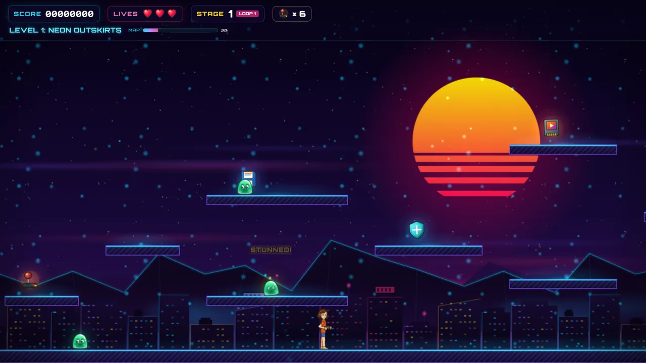 Il primo mondo: piattaforme al neon blu, una città scura e un grande sole a strisce arancione e rosa, con Debh sul pavimento e due Globby
