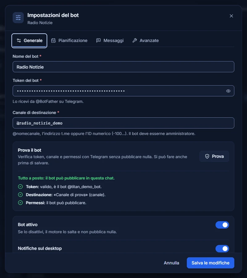 La finestra delle impostazioni del bot con il riquadro Prova il bot: token valido, destinazione trovata, permessi per pubblicare