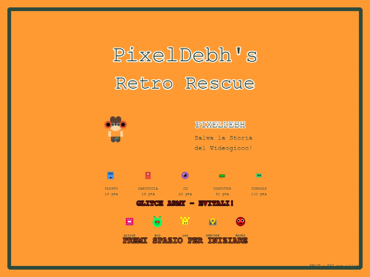 La schermata iniziale arancione del primo prototipo: PixelDebh’s Retro Rescue, Salva la Storia del Videogioco, con gli oggetti da raccogliere e la Glitch Army