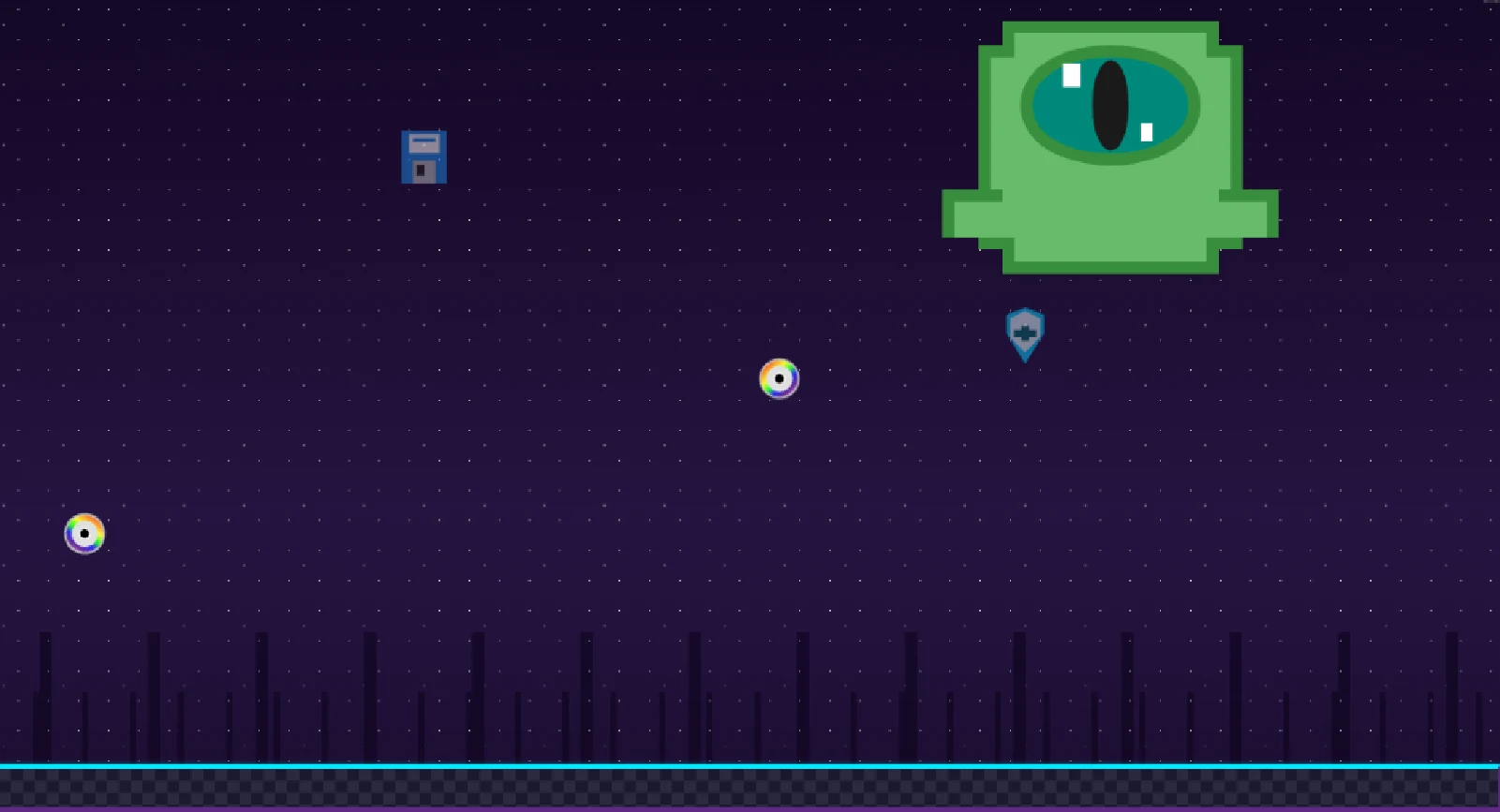 La prima versione della Cyclops Frog: un cubo verde in pixel art con un solo occhio, che lancia CD-ROM