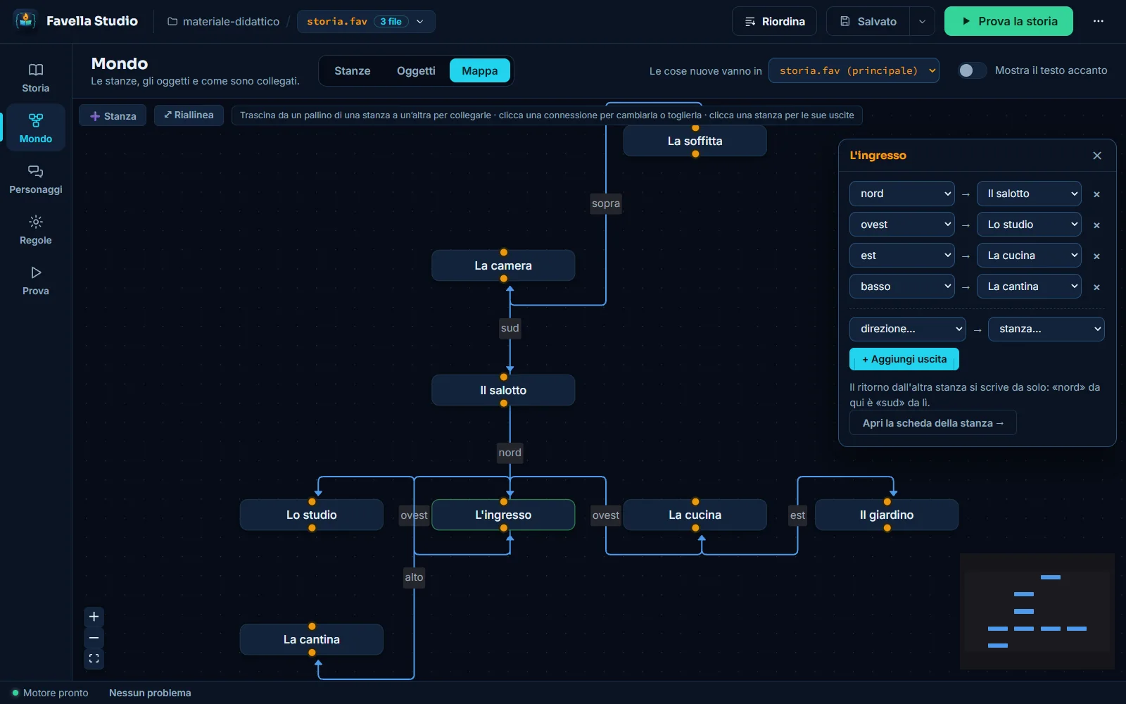 La mappa interattiva delle stanze in Favella Studio con collegamenti bidirezionali