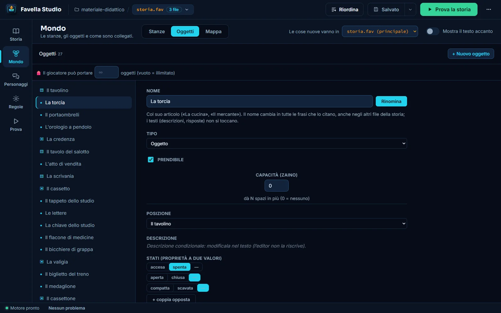 L’ispettore degli oggetti di Favella Studio con parametri di posizione e proprietà