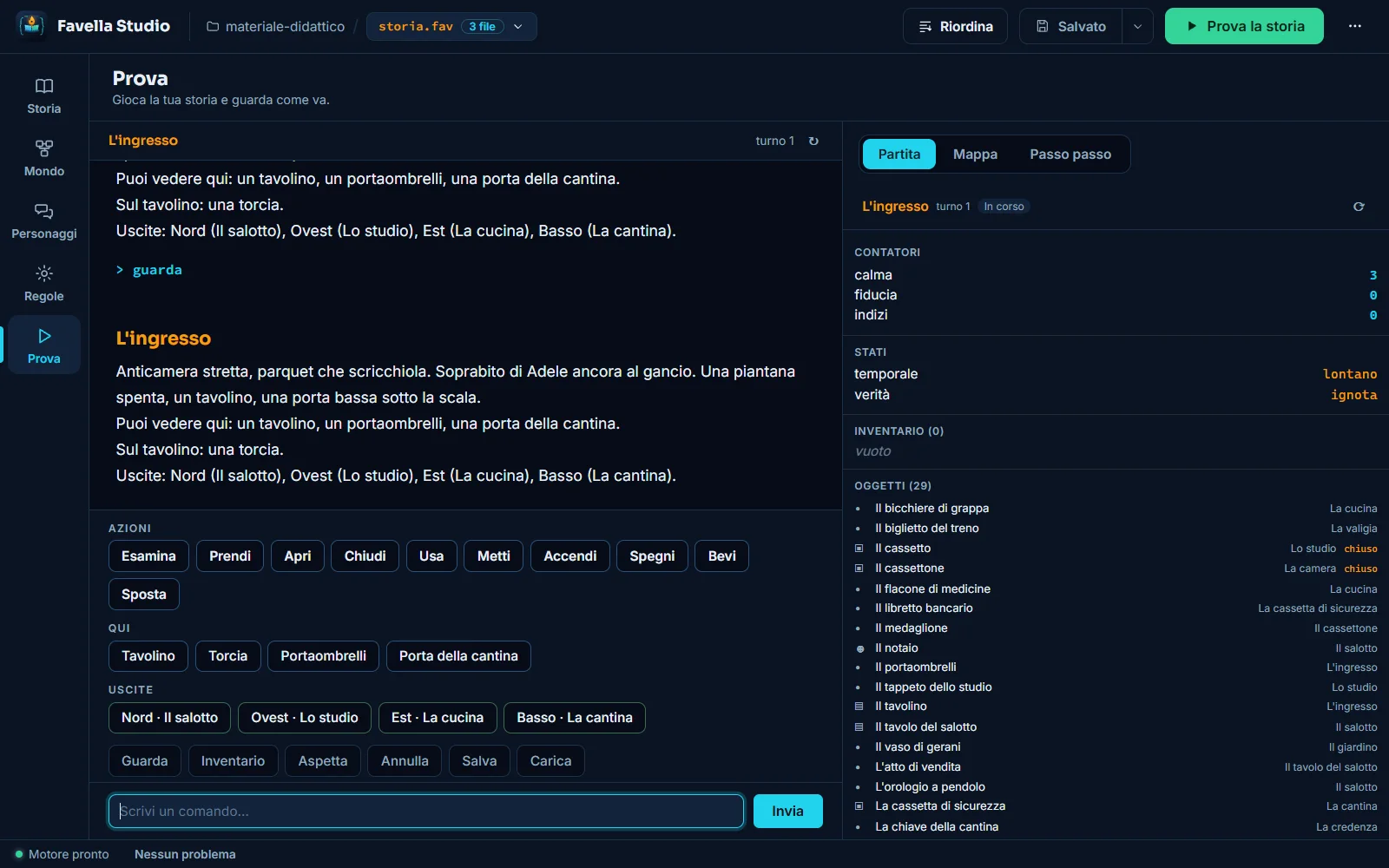 La schermata di collaudo della partita integrata in Favella Studio con pulsanti-verbo e ispettore