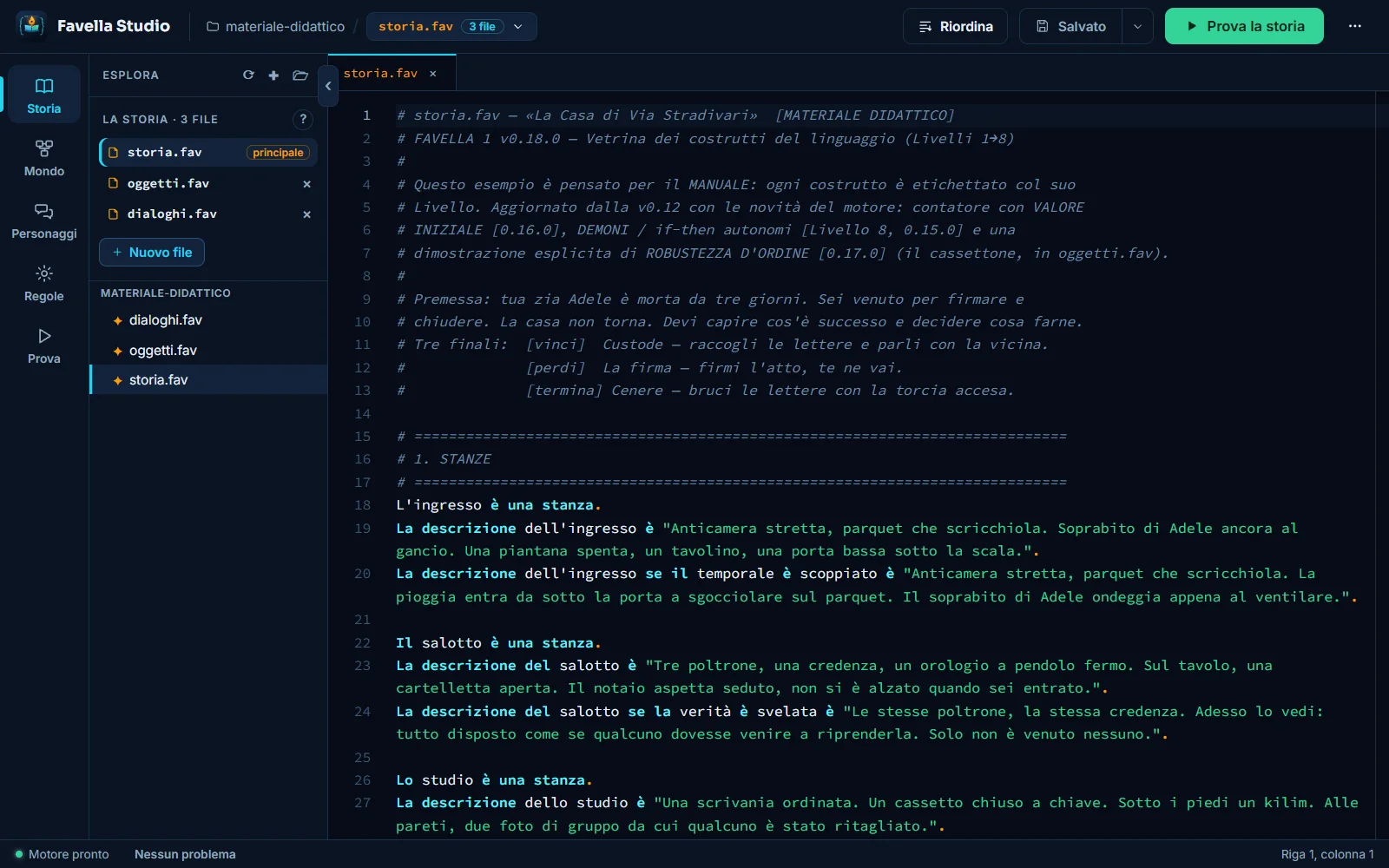L’editor di testo di Favella Studio con evidenziazione del codice e navigazione dei file