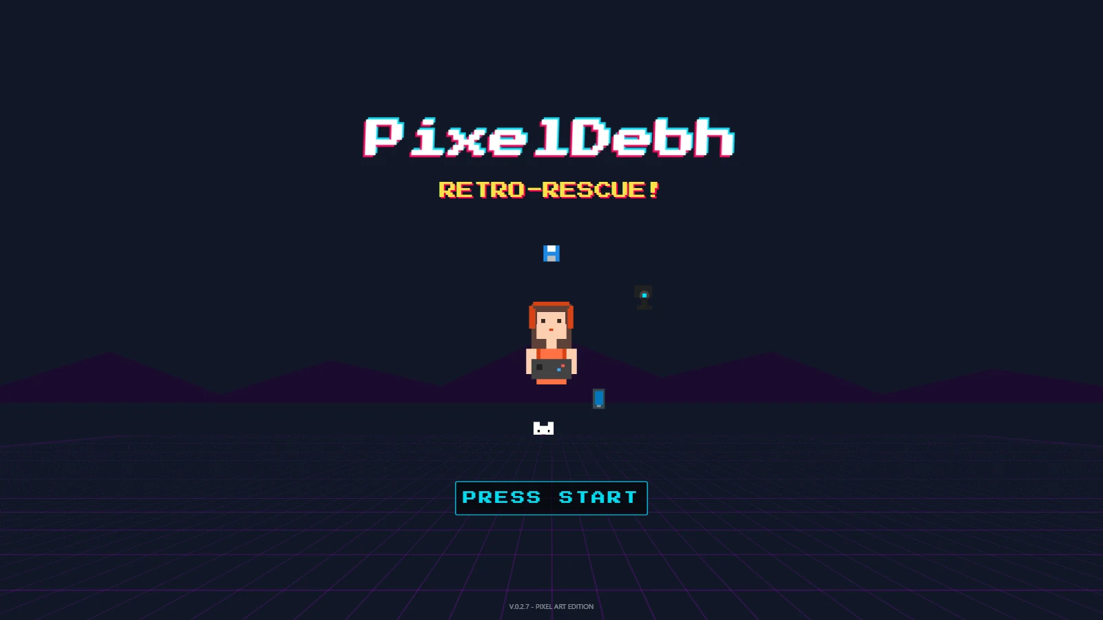 L’intro del platform in pixel art: il titolo PixelDebh Retro-Rescue, Debh in pixel al centro con il joypad e la scritta PRESS START su una griglia synthwave